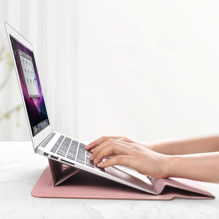 Sleek laptop sleeve with magnetic closure & integrated stand. Slim, protective, and ergonomic.