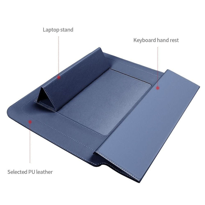 Versatile laptop sleeve converts to an ergonomic stand. Ideal for portable device protection.