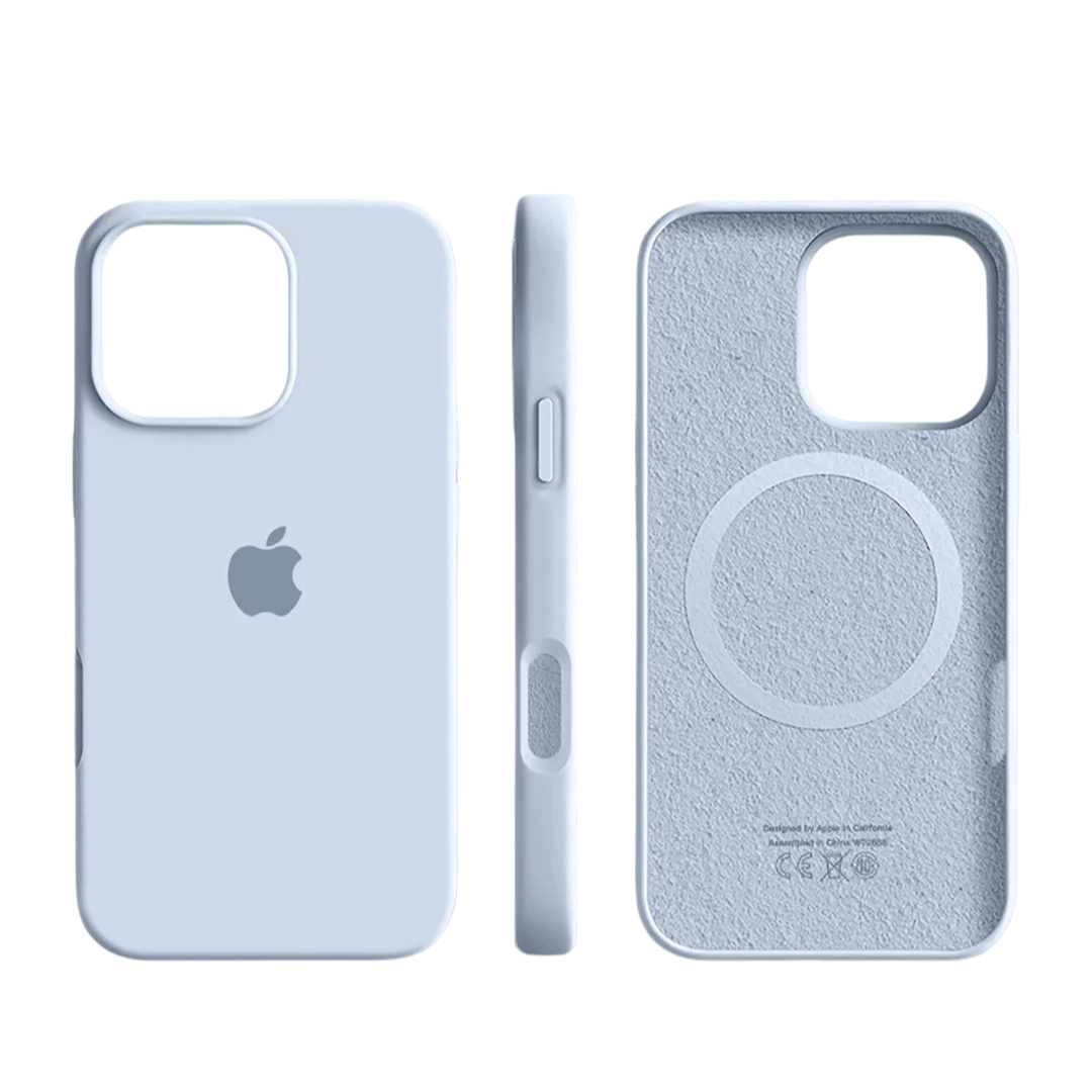 Durable silicone iPhone case with MagSafe, slim protective cover ensures phone safety & easy wireless charging.