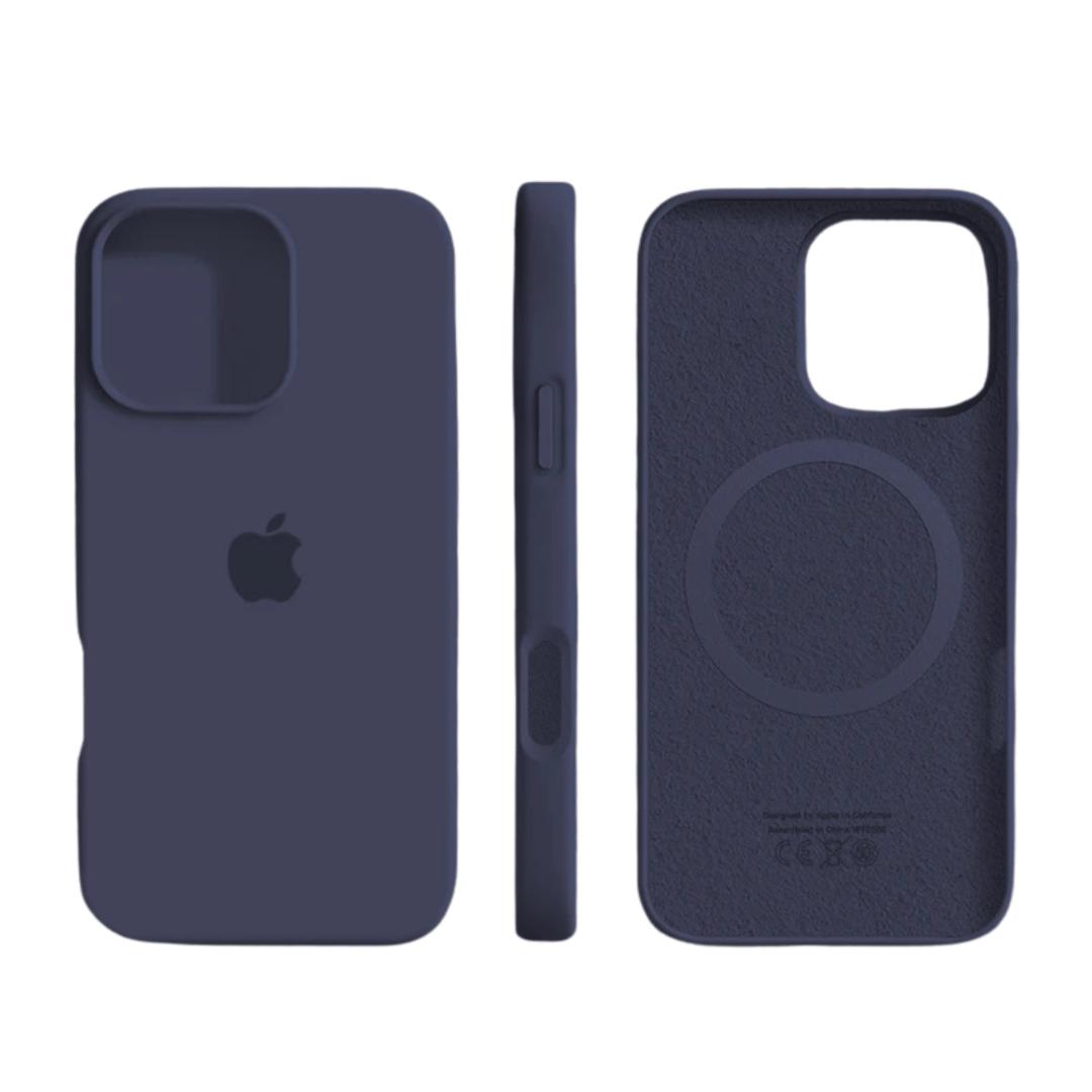 Soft-touch silicone iPhone protective case, magnetic MagSafe cover ensures secure grip & durable phone protection.