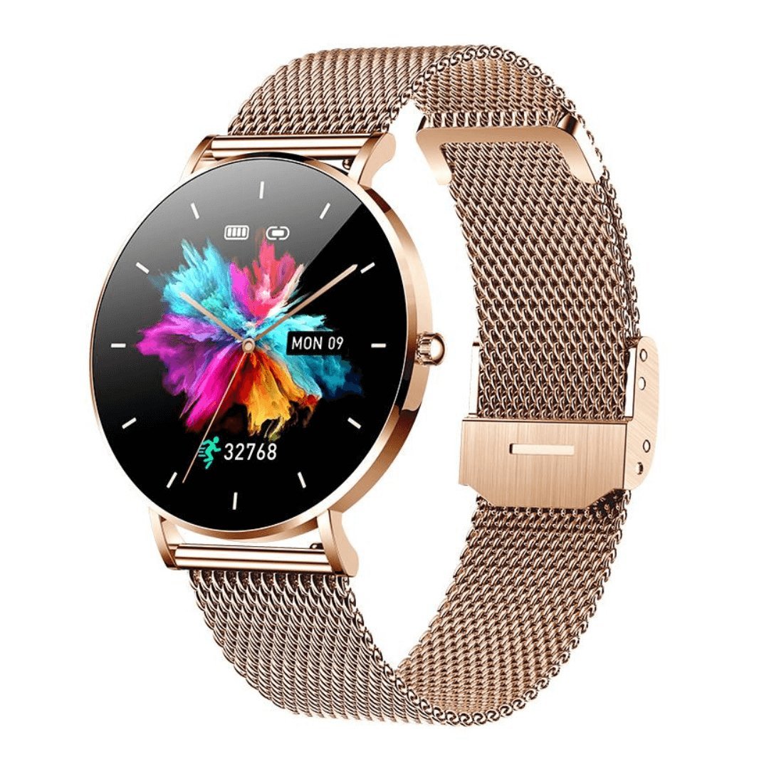 Slim rose gold women's smartwatch for health & fitness tracking, elegant design, ideal for daily wear.