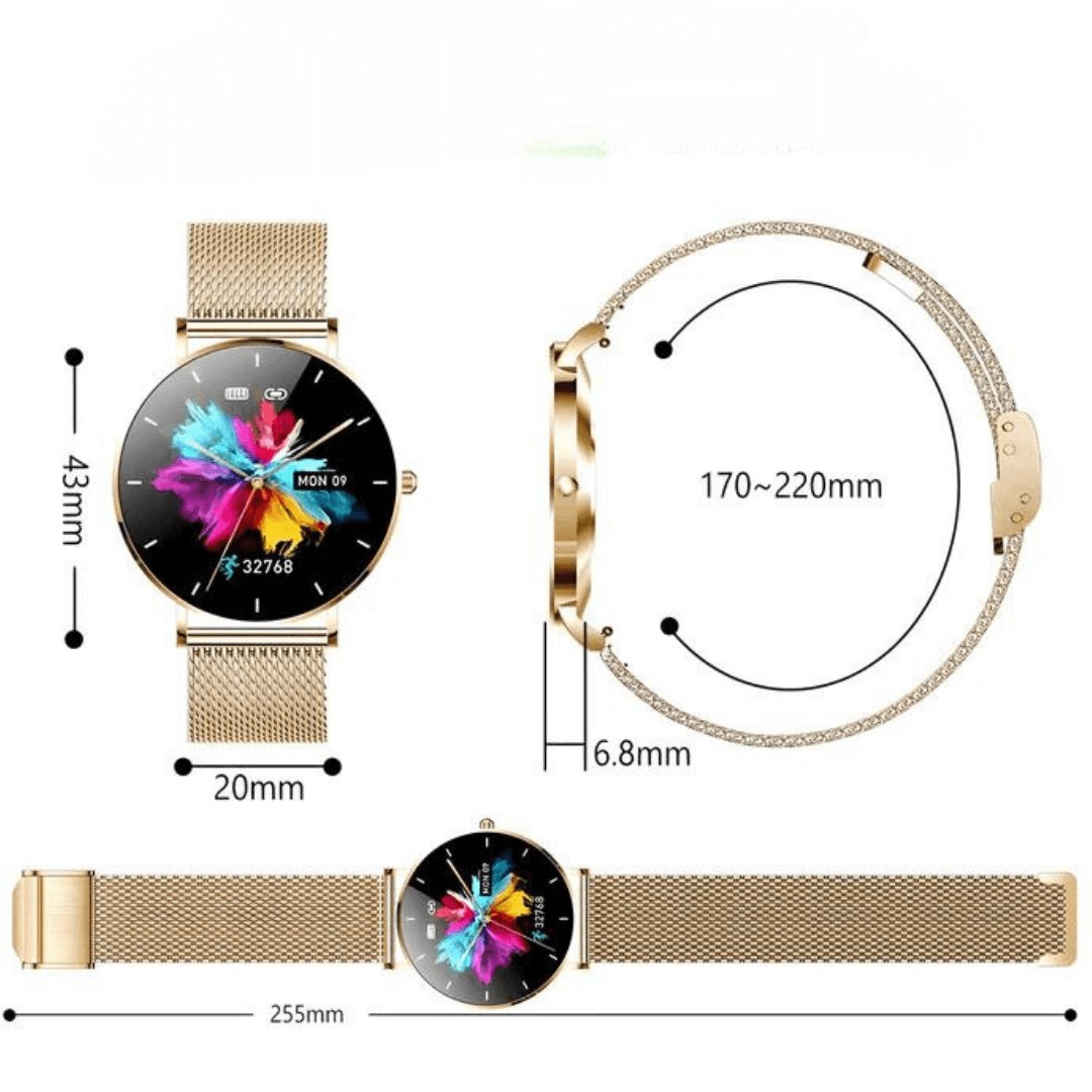 Women's elegant silver smartwatch with customizable bands, featuring advanced health and fitness tracking.