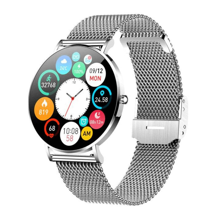 Front view of a slim rose gold women's smartwatch, a stylish and functional health & fitness companion.
