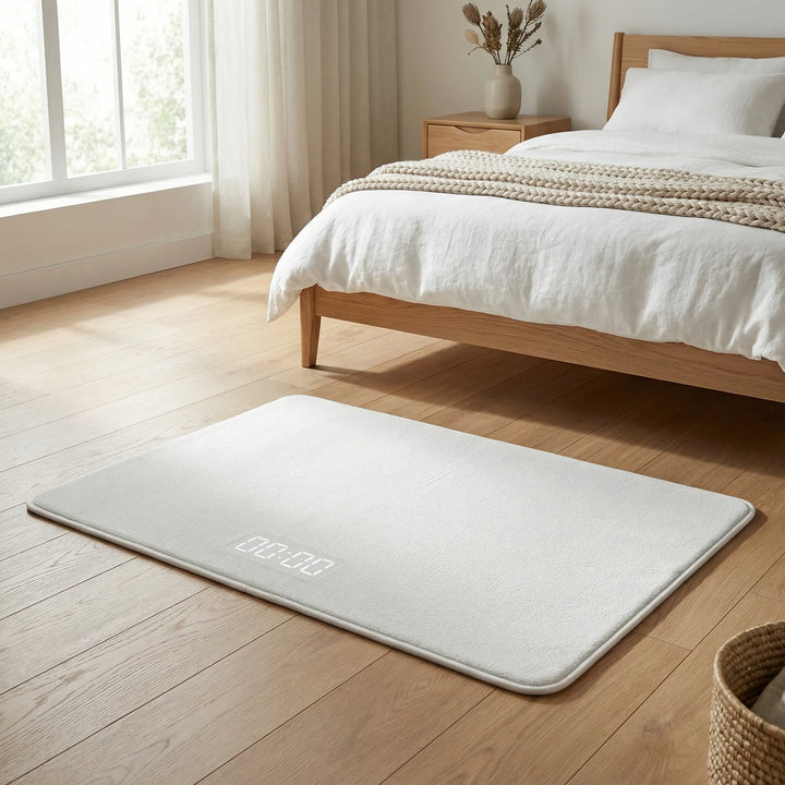 Smart alarm mat for heavy sleepers with pressure activation. Flowique rug design for a no-snooze morning routine.