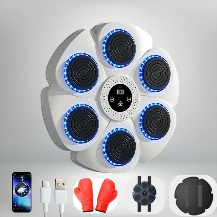 Complete smart boxing machine experience: Bluetooth music, dynamic RGB lighting, and interactive punching for all.