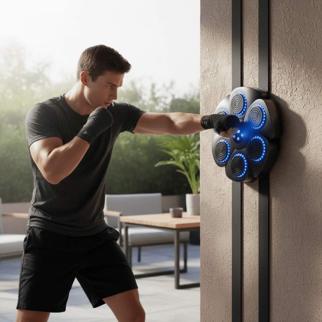 Interactive smart boxing machine with Bluetooth music to boost cardio & stress relief at home.
