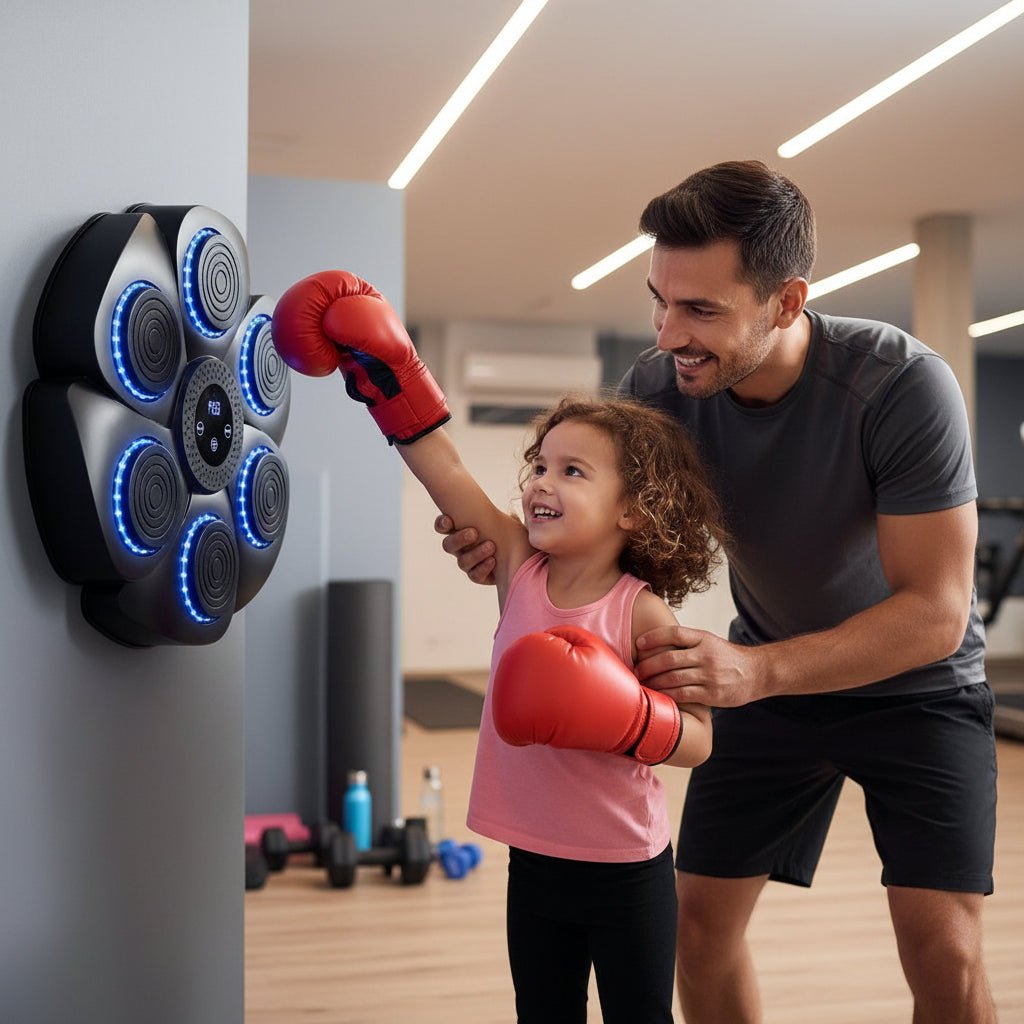 Punching bag alternative: Smart fitness equipment with RGB lighting & Bluetooth speaker for fun workouts.