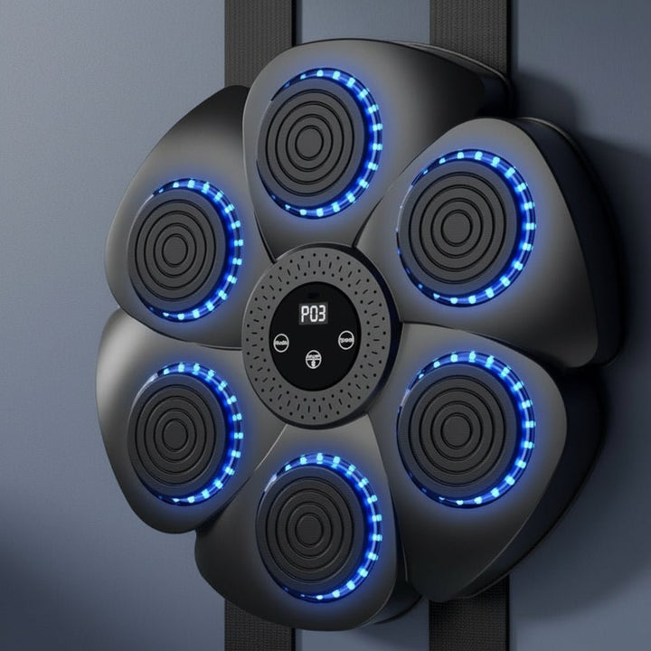 Dynamic smart boxing machine with responsive targets, Bluetooth music, and vibrant RGB lighting for engaging workouts.