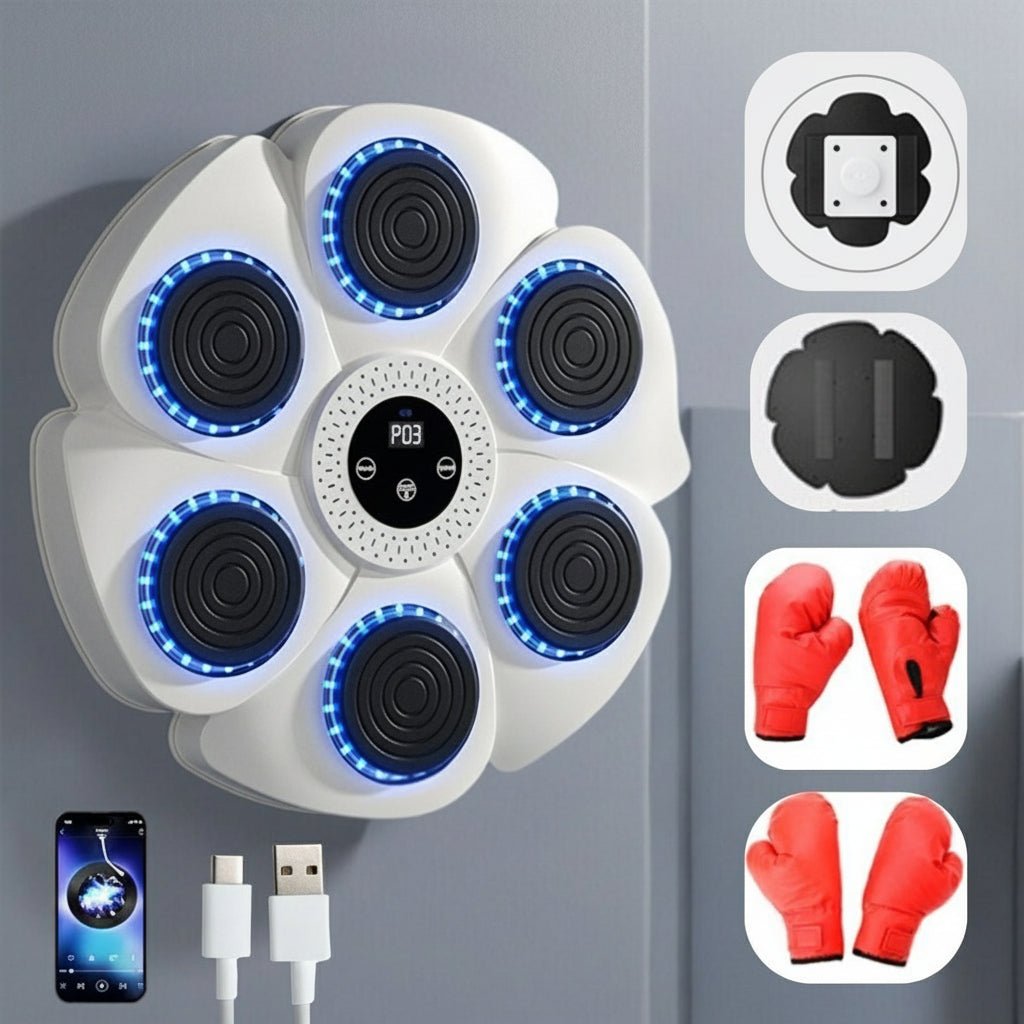 Sleek smart punching bag alternative with Bluetooth music integration & dynamic RGB lighting for all fitness levels.