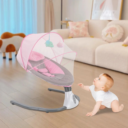 Smart electric baby swing with remote, Bluetooth music, and gentle 25° recline for infant comfort.