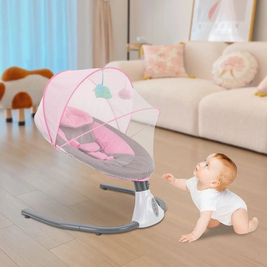Smart electric baby swing with remote, Bluetooth music, and gentle 25° recline for infant comfort.