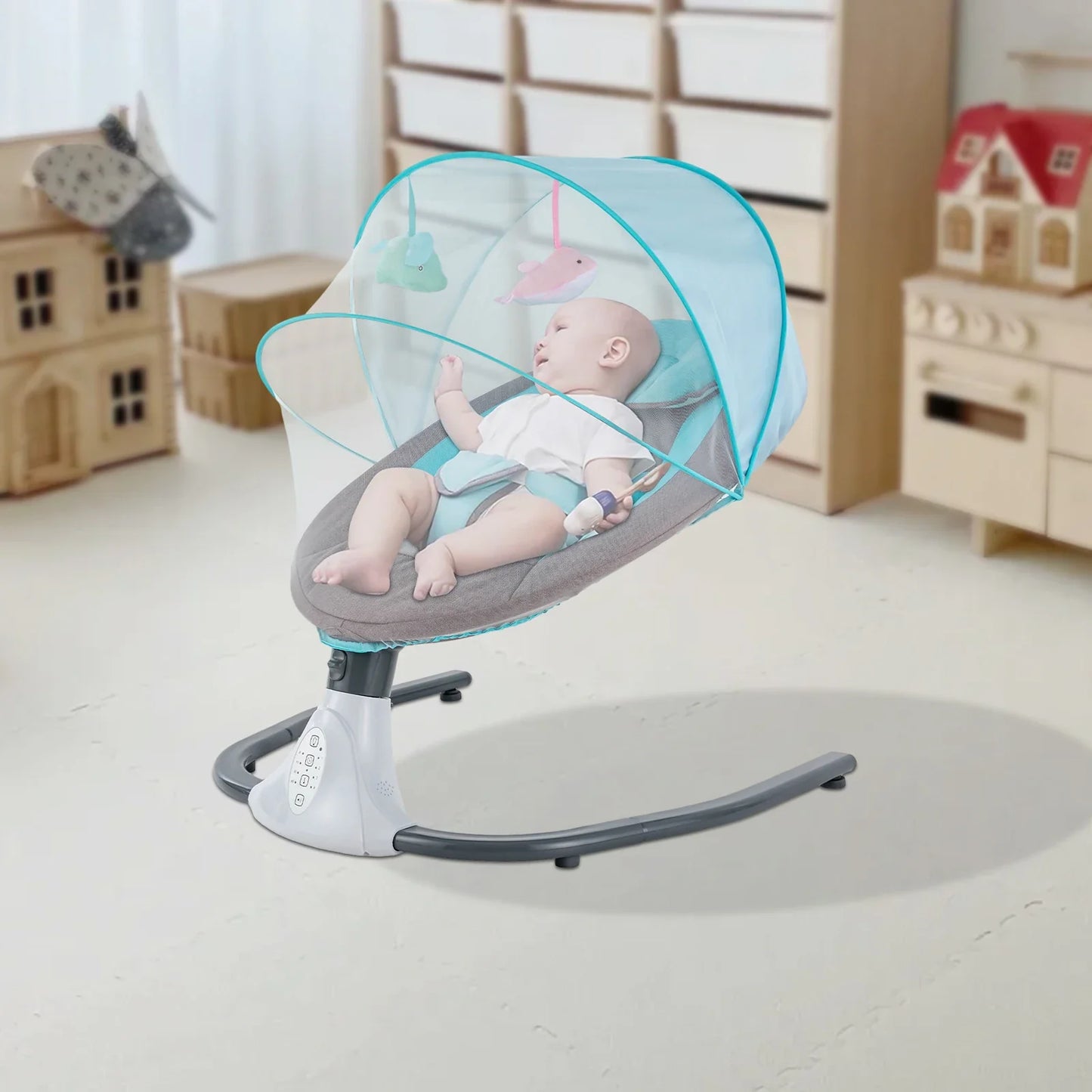 Infant baby swing with remote control, integrated Bluetooth and USB music for soothing newborn care.