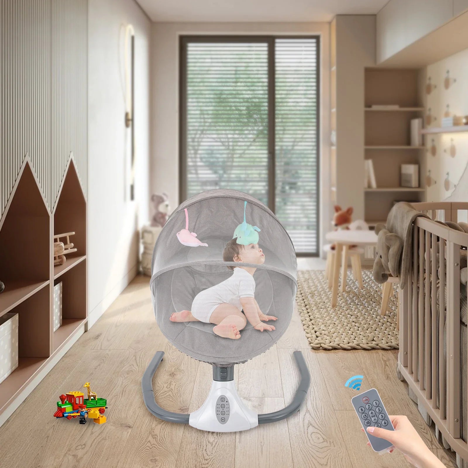 Portable electric baby swing showcasing the 25° recline function, ideal for baby comfort and sleep.