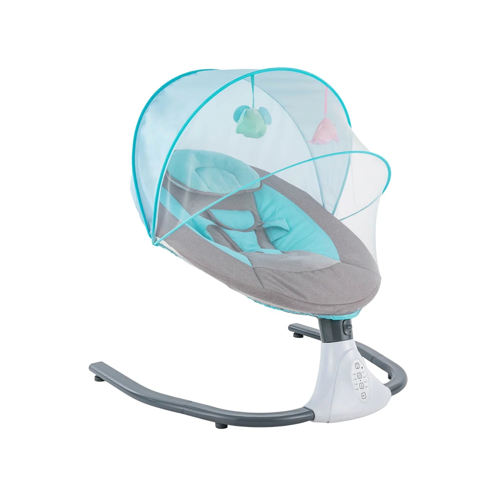 Electric baby swing with touch controls and remote, playing gentle melodies via Bluetooth/USB for infants.
