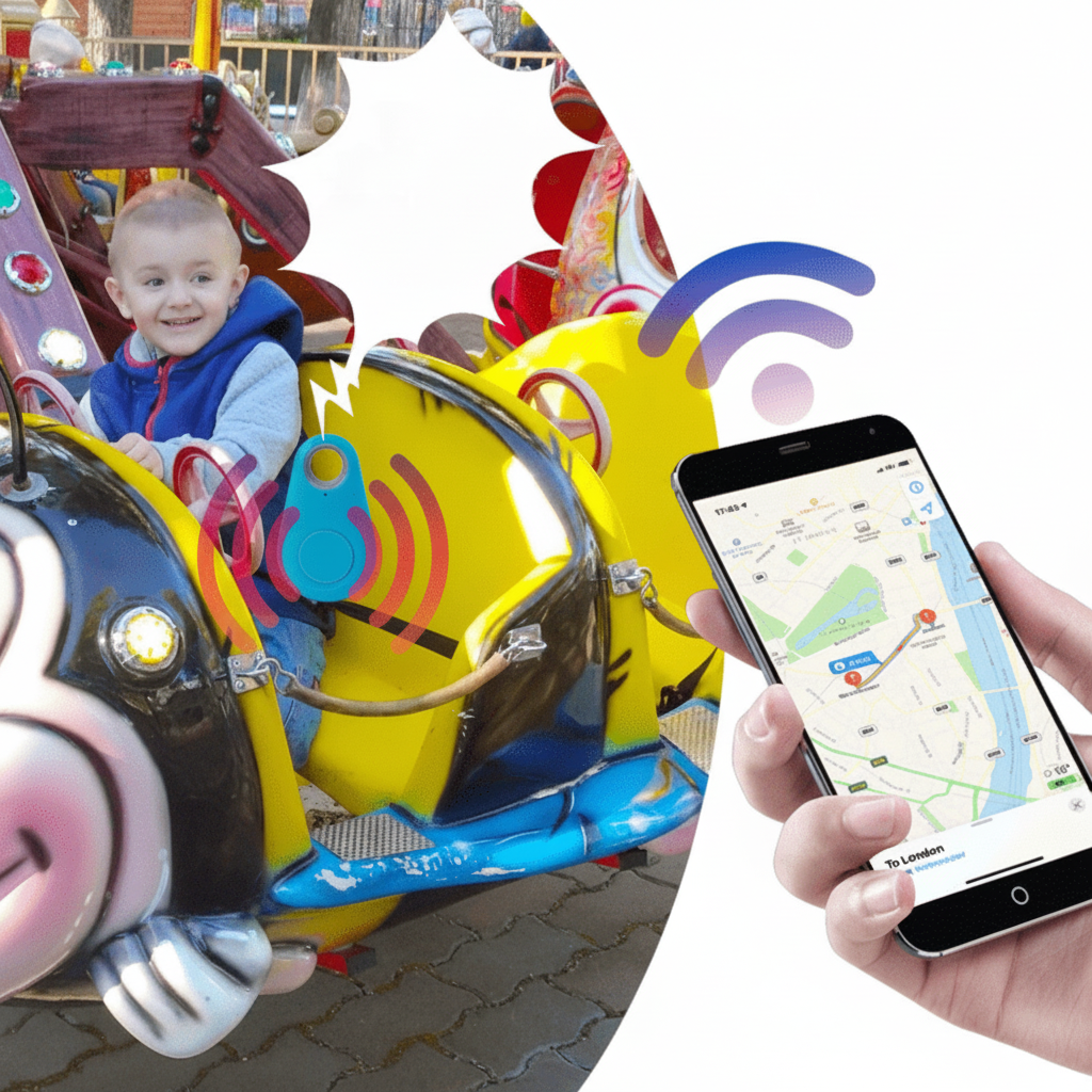 GPS tracker attached to a backpack. Keeps valuables safe with anti-lost, smart tracking & real-time updates.
