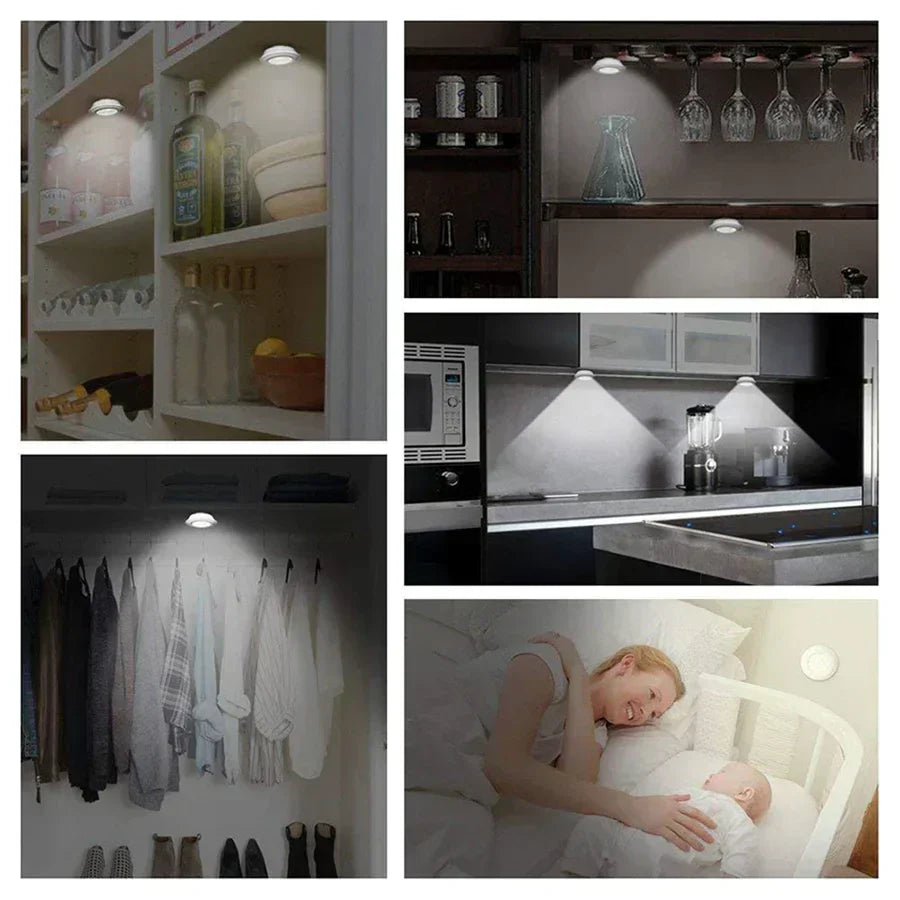 Set of smart LED puck lights, wireless & remote controlled, ideal for kitchen, wardrobe, or display cases.