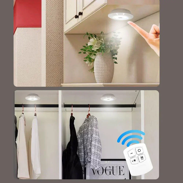 Easy install wireless LED puck lights, battery operated, perfect for under cabinet or closet illumination.