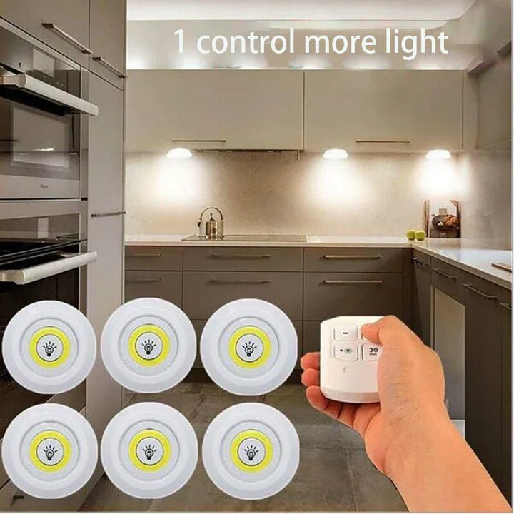 Remote control smart LED puck lights, warm/cold white, ideal for kitchen, closet, or general home decor.