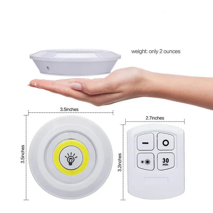 Battery operated LED puck lights for closets, easy installation, energy efficient home interior lighting.