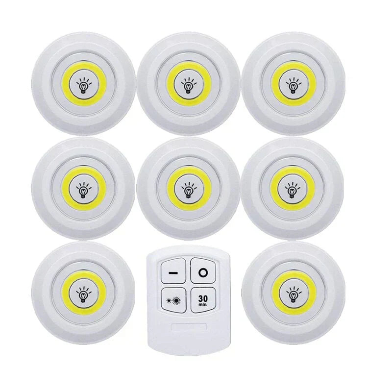 Wireless & remote control LED puck lights, battery operated for convenient, bright home illumination.