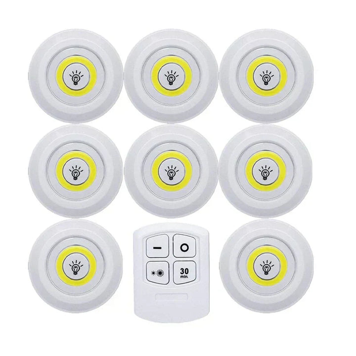 Wireless & remote control LED puck lights, battery operated for convenient, bright home illumination.