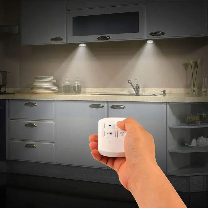 Stylish smart LED puck lights, wireless home decor lighting, energy efficient, for modern living spaces.