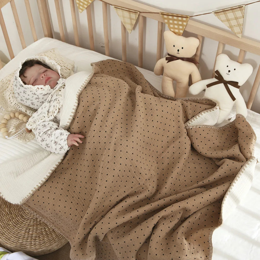 Close-up of gentle texture on baby's 4-layer cotton swaddle blanket, ideal for all seasons