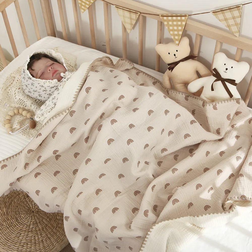 Light blue 4-layer cotton baby blanket with subtle pattern, perfect soft swaddle for newborn