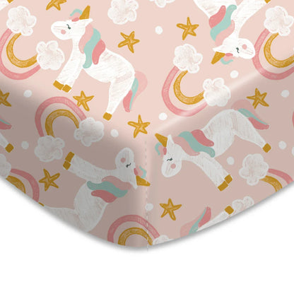 Baby bed sheet with colorful cartoon graphics, fitted for standard cribs, soft fabric.