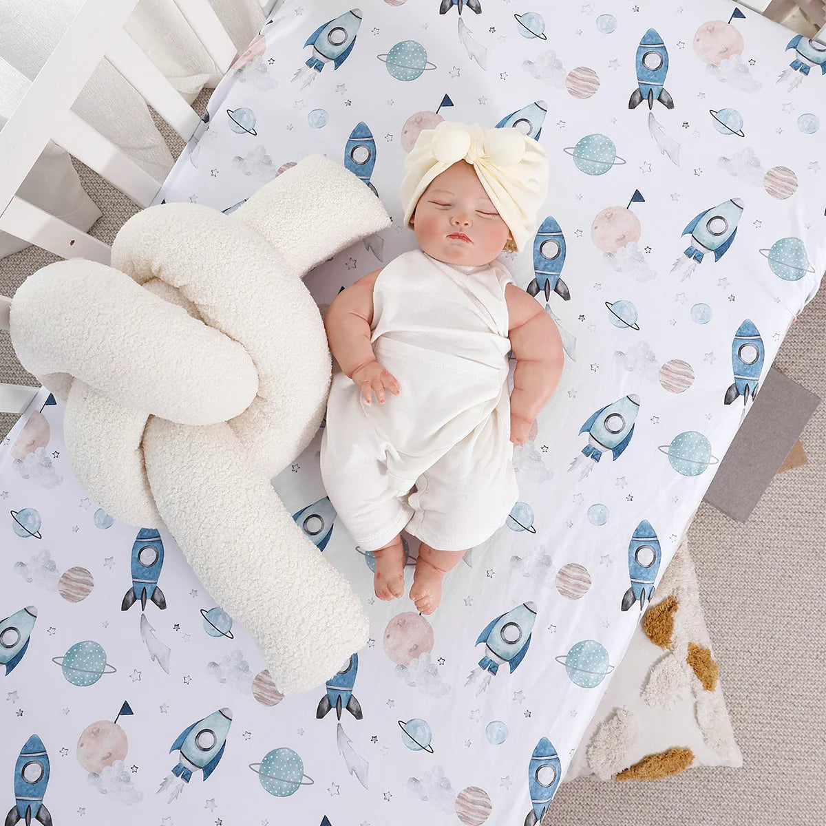 Soft cotton baby crib sheet with a fun cartoon pattern, great baby shower gift.