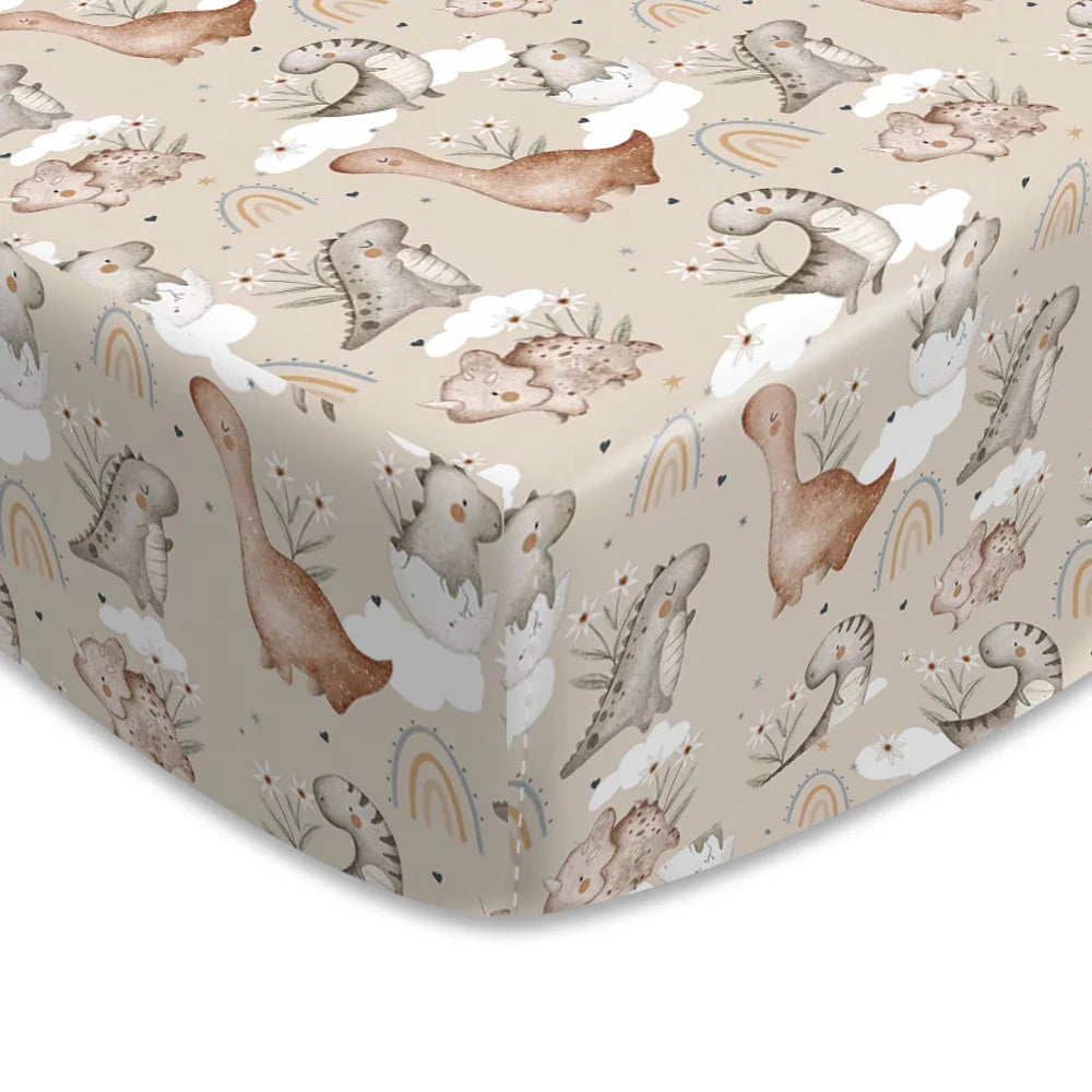 Fitted crib sheet for infant, breathable fabric and adorable cartoon print design.