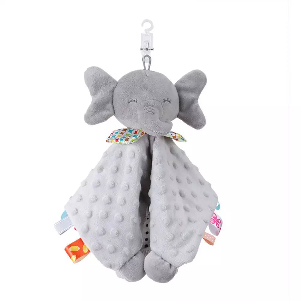 Soft baby elephant plush cuddle blanket with textured teether toy for infants, gray