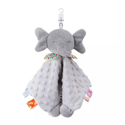Soft baby elephant plush cuddle blanket with textured teether toy for infants, gray