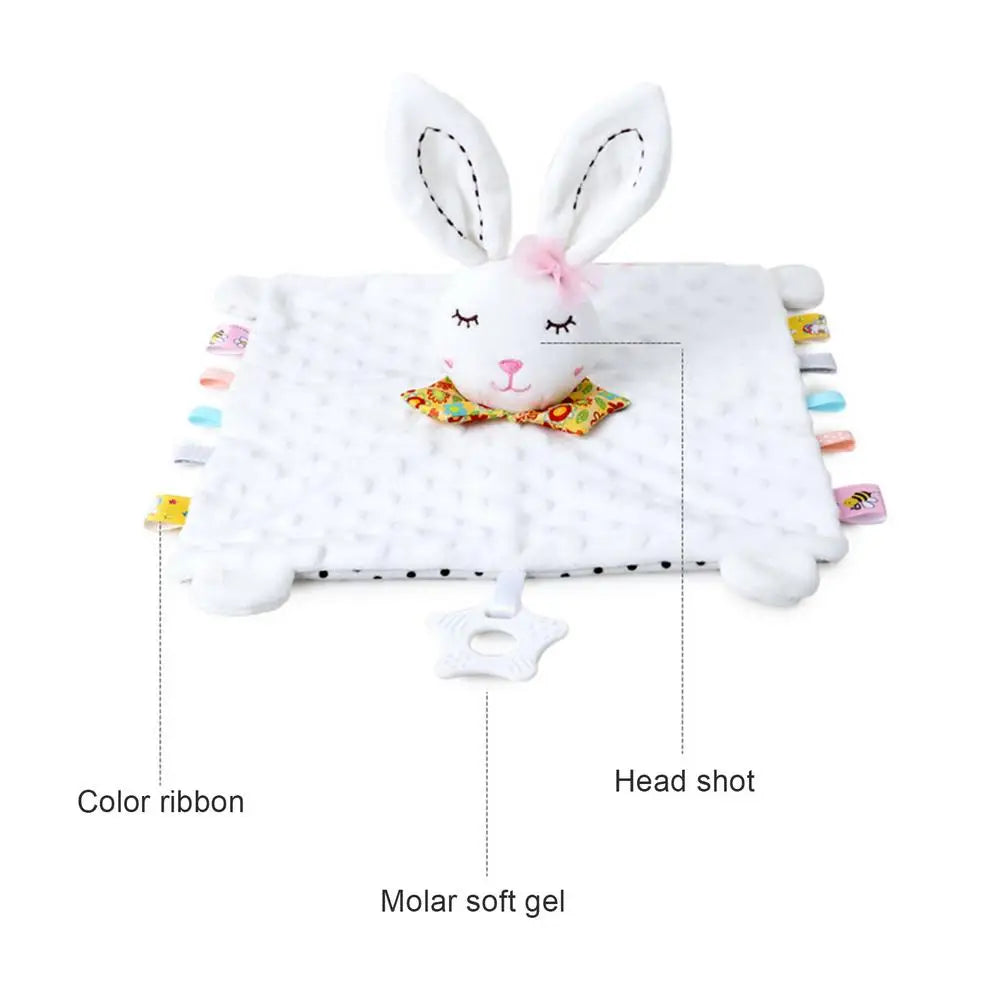 Pink bunny animal plush comfort blanket with attached silicone teether for baby