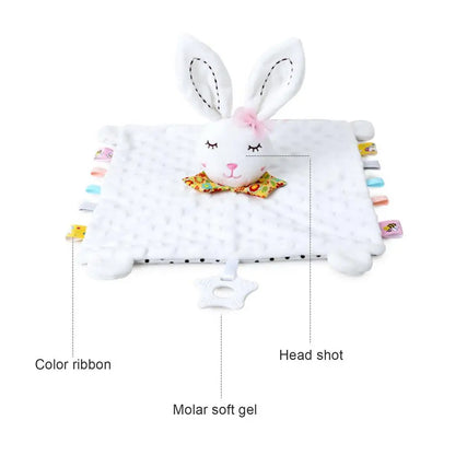 Pink bunny animal plush comfort blanket with attached silicone teether for baby