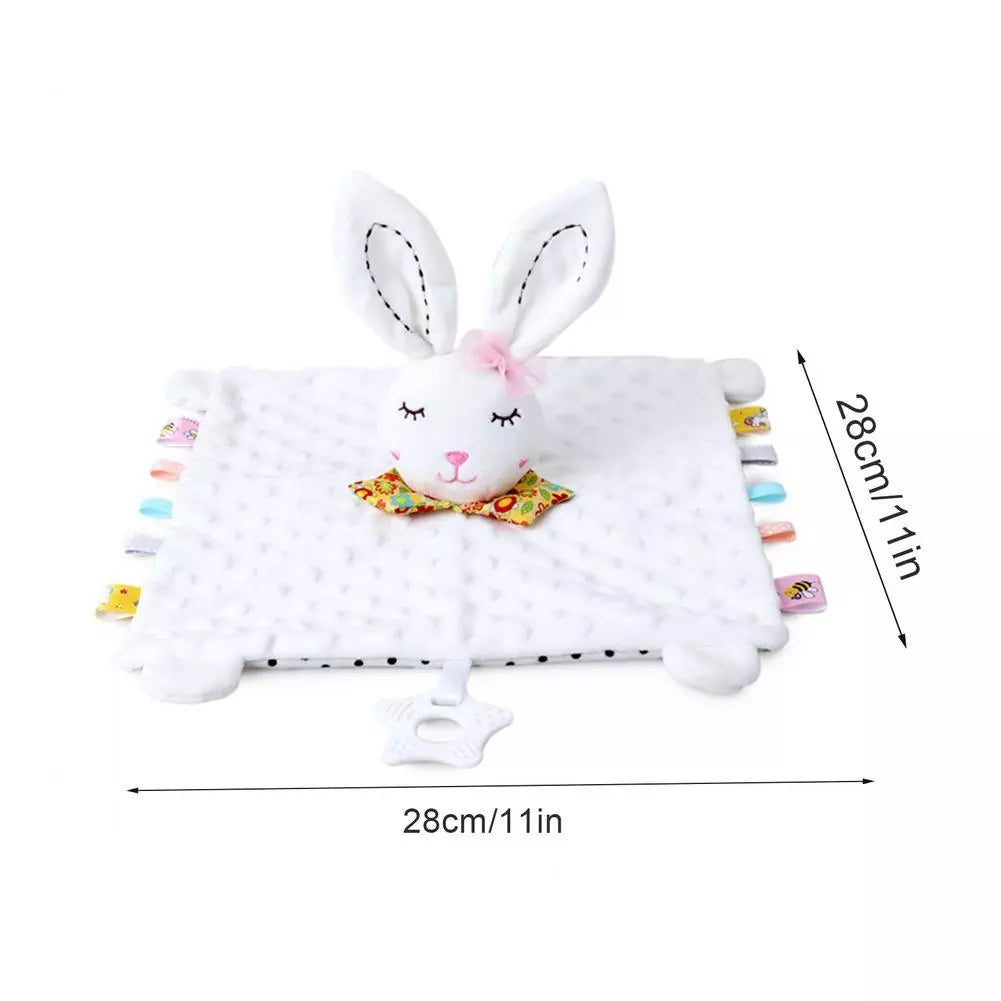 Blue puppy dog baby comfort blanket with soft plush and textured teether