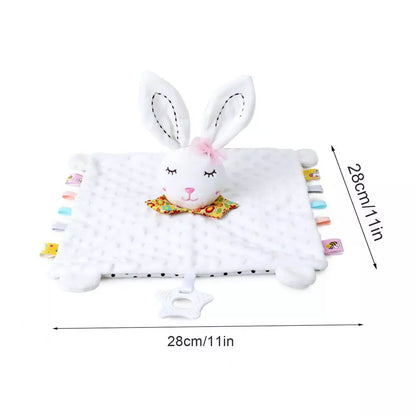 Blue puppy dog baby comfort blanket with soft plush and textured teether