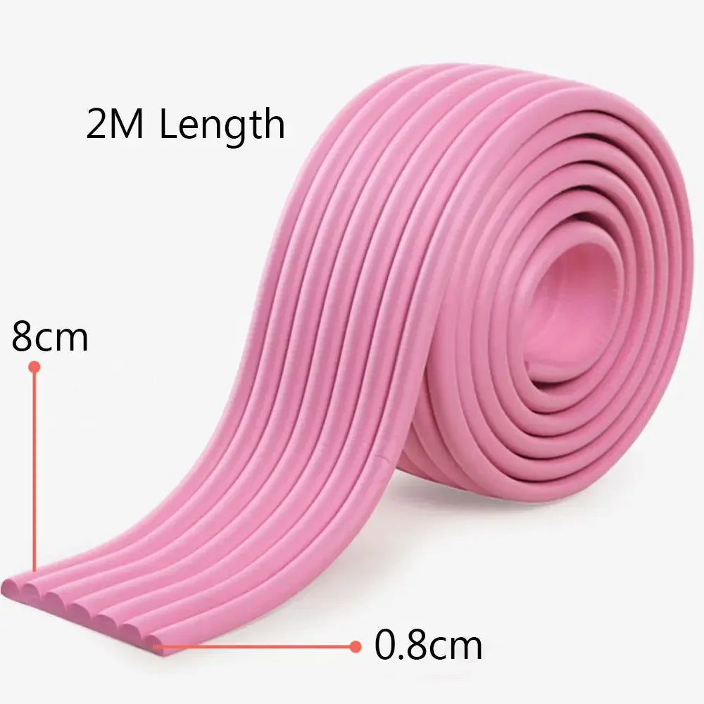 Baby safety foam edge protector strip, shown in a child-friendly living room.