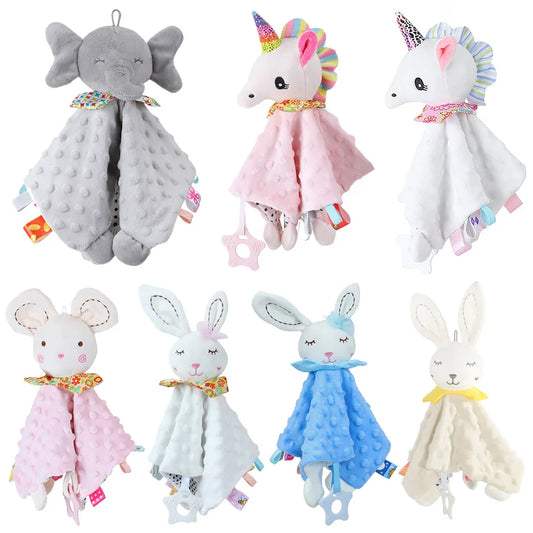 Soft baby sensory plush comforter with colorful tags and soothing teether for infants