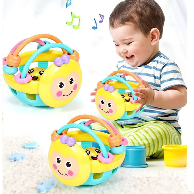 Soft baby sensory teether rattle ball, colorful infant development toy for newborns.