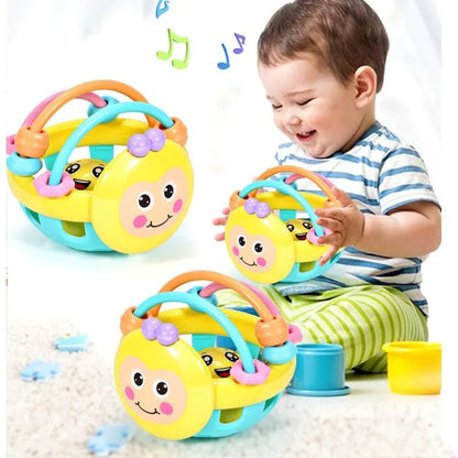 Soft baby sensory teether rattle ball, colorful infant development toy for newborns.