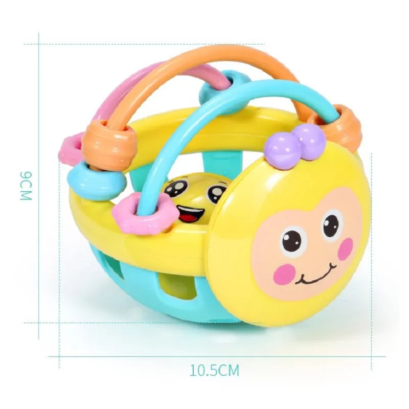 Infant teether rattle ball, a soft baby toy with multi-textured rings for sensory play.