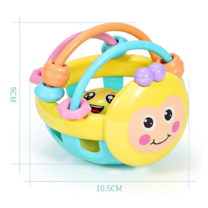 Infant teether rattle ball, a soft baby toy with multi-textured rings for sensory play.
