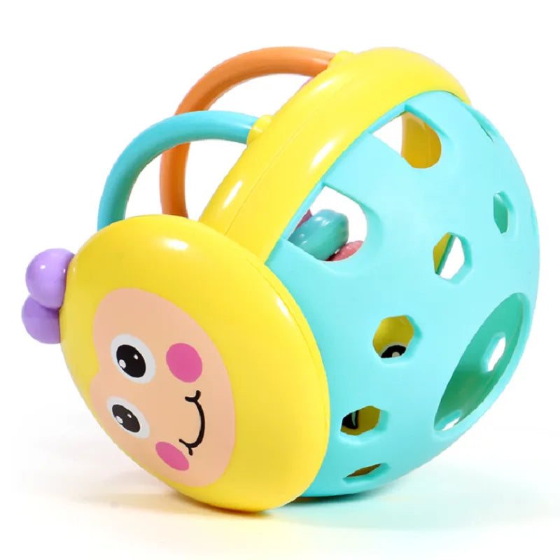 Vibrant baby sensory teether rattle ball, an educational infant toy promoting fine motor skills.