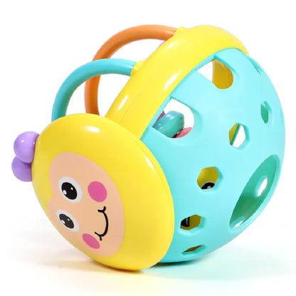 Vibrant baby sensory teether rattle ball, an educational infant toy promoting fine motor skills.