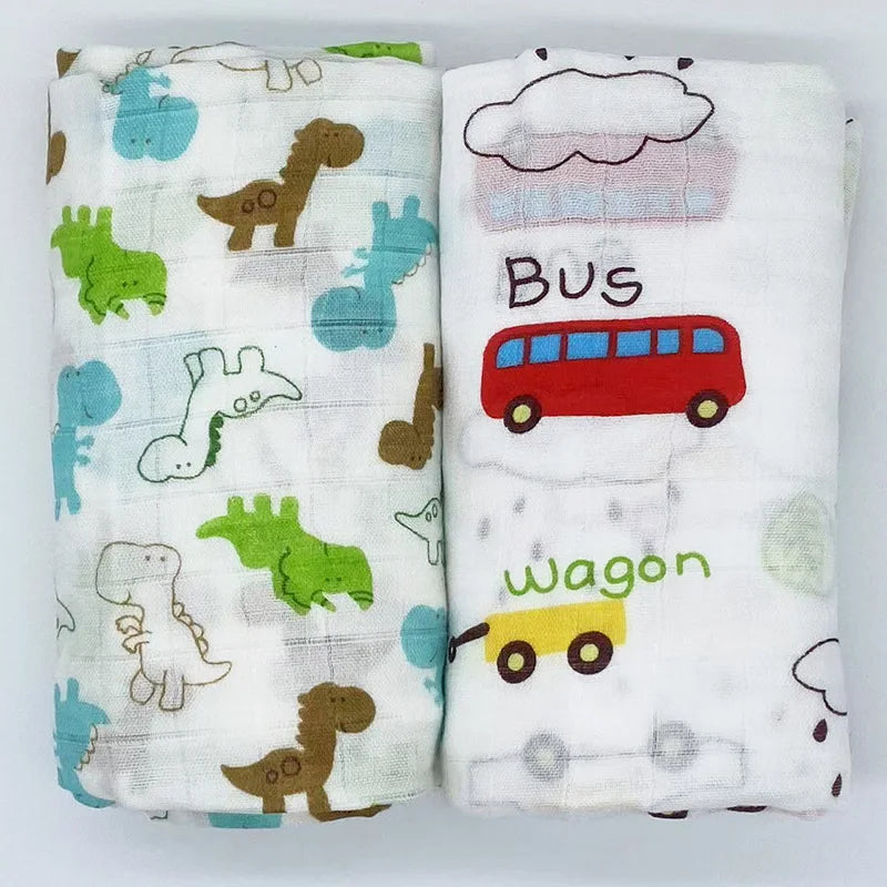 Breathable bamboo cotton muslin baby swaddle, open and flat, showing soft texture and double layer