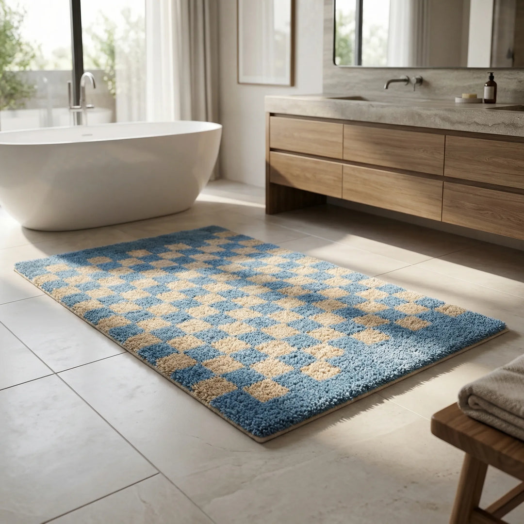 Soft checkered bath mat, PlushiGrid, adding plush comfort & style to your bathroom floor decor.