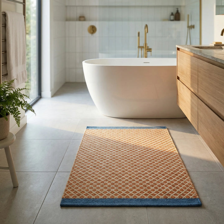Plush PlushiGrid checkered bath mat, a soft home decor accent for any stylish bathroom.