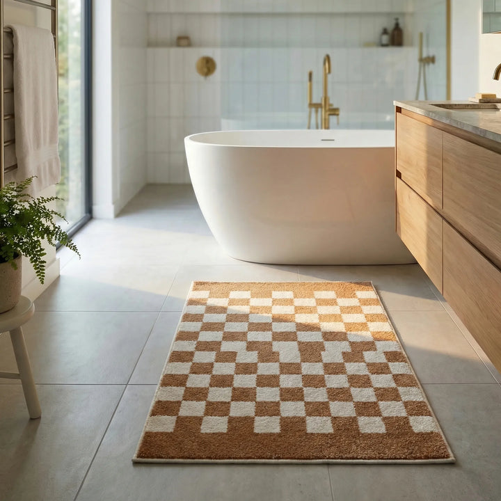 Comforting soft checkered floor mat, PlushiGrid, enhancing bathroom safety and coziness.