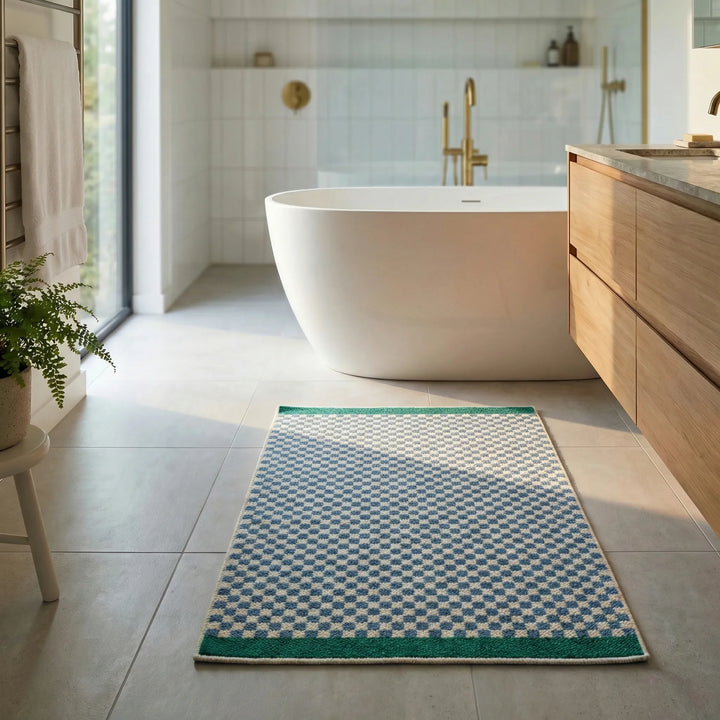 Luxurious PlushiGrid checkered bath mat, offering a plush, soft, and quick-dry experience.